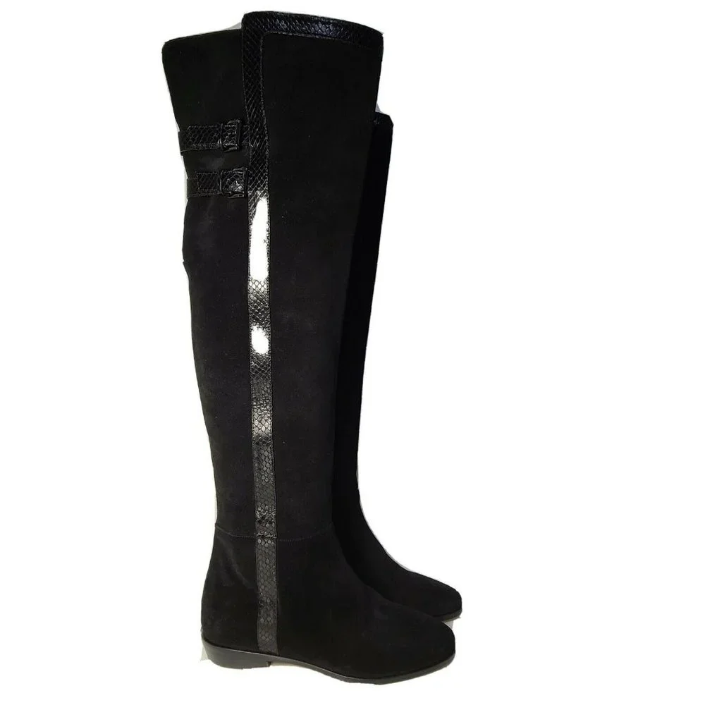 Michael Kors Womens boots OTK Over the Knee black Suede snake trim flat sz 7.5
